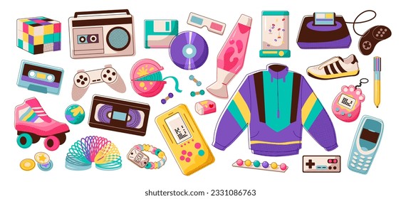 90s vibes set. Y2K, aesthetics of the 2000s. Nostalgia for 1990s, 2000s. Flat vector illustration in a modern style.