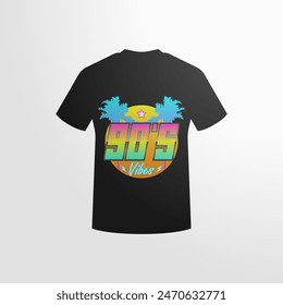 90's Vibes T-shirt: vector illustration of a black T-shirt with a 90s style print