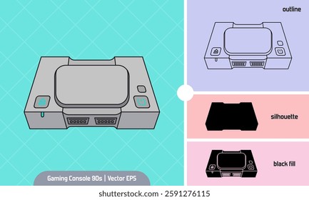 90s Video Game Console vector illustration. 4 variation flat icon graphic style, lineal color, outline, black fill, and silhouette. Fun childhood memories. Editable eps file.