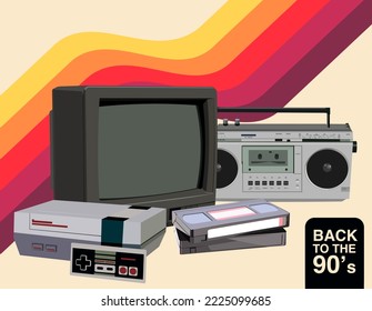 90s vintage equipment. TV, console, boombox and videotapes. Inscription back to the 90s. Vintage colors vector image.