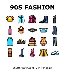 90s vintage fashion retro 80s icons set vector. trendy style, geometric pop, party modern, trend neon, element hipster, music funky 90s vintage fashion retro 80s color line illustrations