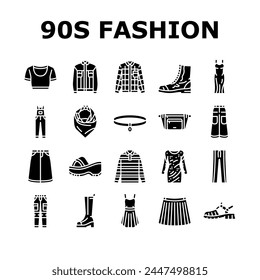 90s vintage fashion retro 80s icons set vector. trendy style, geometric pop, party modern, trend neon, element hipster, music funky 90s vintage fashion retro 80s glyph pictogram Illustrations