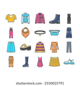 Iconos de los años 90 de la moda vintage retro de los años 80 Vector de estilo de moda, pop geométrico, fiesta moderna, neón de tendencia, elemento hipster, música funky 90 de la moda vintage retro 80 ilustraciones de línea de color