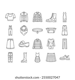 Iconos de los años 90 de la moda vintage retro de los años 80 Vector de estilo de moda, pop geométrico, fiesta moderna, neón de tendencia, elemento hipster, música funky 90 de la moda vintage retro 80 ilustraciones de contorno negro