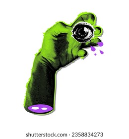 90s vintage halftone torn off zombie hand holding eye. Vector illustration with curve green zombie arm sticker with halftone effects for decoration of Halloween events