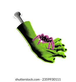 90s vintage halftone torn off zombie hand stung by a spider. Vector illustration with curve green zombie arm sticker with halftone effects for decoration of Halloween events