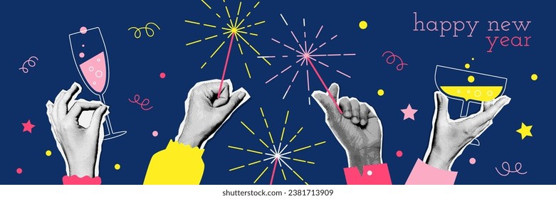 90s vintage New year banner design with hands holding champagne glasses and sparklers. Torn out paper Collage style. Retro style party. Vector illustration for poster or greeting card