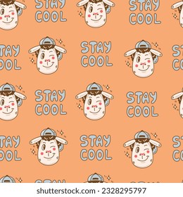 90s vintage seamless pattern with cartoon animal character. Retro styled endless background with winking sheep and Stay cool inscription. Nostalgia repeat vector illustration.