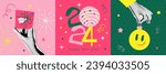90s vintage set of Happy new year 2024 design. Hands holding New Year's toy and gift box. Colorful halftone collage style vector illustrations. Vector design for poster, banner, greeting cards