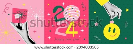90s vintage set of Happy new year 2024 design. Hands holding New Year's toy and gift box. Colorful halftone collage style vector illustrations. Vector design for poster, banner, greeting cards