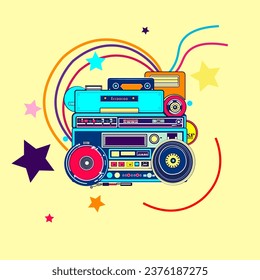 90s visual aesthetics set consisting of a tape recorder, tuner, acoustic speakers, speakers on a yellow background with multi-colored stars and stripes