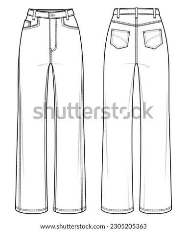 90's Wide-leg Jeans flat technical drawing template. Women's 90's Wide-leg Jeans with Slim fitting illusion seam. jeans technical fashion Illustration, front and back view, white, CAD mockup set.