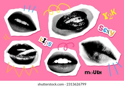 90s - Y2K Collage mouth set with grunge elements. Halftone lips for banner, graphic, posters. Vector illustration of smile, tongue, open and closed mouth. Isolated vector Textured illustration.