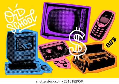 90s - Collage Y2K con elementos electrónicos originales - teléfono móvil, tv, consola de juegos, cassette de música. Efecto de semitono Ilustración vectorial