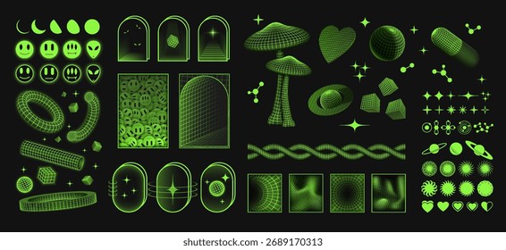  90s Y2k retro abstract shapes and grids set. Rave psychedelic acid design elements. Creative geometric icons.