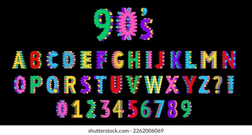 90s or Y2K retro font with 3D imitation. Bright colorful alphabet letters and numbers