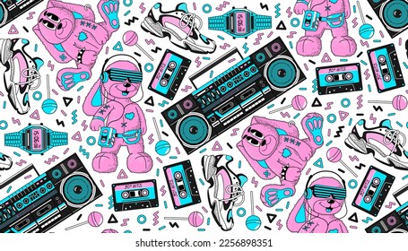 90s, y2k seamless pattern in retro Memphis style. Vector illustration with funny bunny, boombox, audio cassette, sneakers, digital watch, lollipop in trendy neon colors