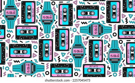 90s, y2k seamless pattern in retro Memphis style. Vector background with Audio cassette tape and digital wrist watch in trendy neon colors