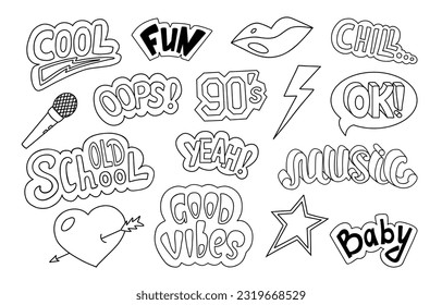 90s or Y2k style Hand Drawn Lettering on white background. Doodle vector stickers. Speech bubble elements, comic style. Outline vector illustration