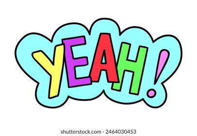 90s or Y2k style hand drawn elements with Yeah text. Doodle comic style. Colorful vector illustration on white background