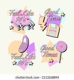 90s years badge elements. Back to 90. Patch, sticker design collection. Trendy cartoon pop bundle 90s years. 90s fashion icon set. Oldschool disco sketchy print. 90s symbol tattoo. Vector illustration