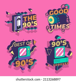 90s years badge elements. Back to 90. Patch, sticker design collection. Trendy cartoon pop bundle 90s years. 90s fashion icon set. Oldschool disco sketchy print. 90s symbol tattoo. Vector illustration