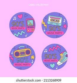 90s years badge elements. Back to 90. Patch, sticker design collection. Trendy cartoon pop bundle 90s years. 90s fashion icon set. Oldschool disco sketchy print. 90s symbol tattoo. Vector illustration