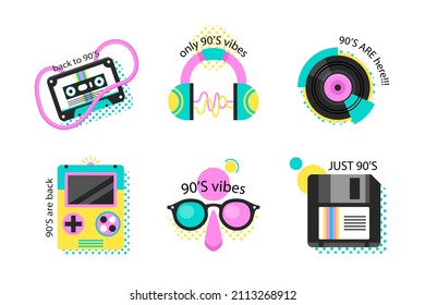 90s years badge elements. Back to 90. Patch, sticker design collection. Trendy cartoon pop bundle 90s years. 90s fashion icon set. Oldschool disco sketchy print. 90s symbol tattoo. Vector illustration