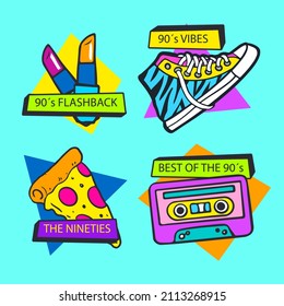 90s years badge elements. Back to 90. Patch, sticker design collection. Trendy cartoon pop bundle 90s years. 90s fashion icon set. Oldschool disco sketchy print. 90s symbol tattoo. Vector illustration