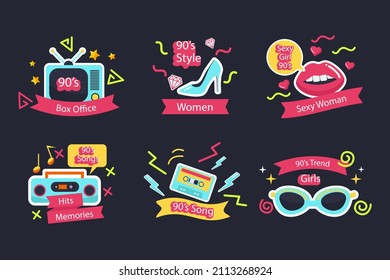 90s years badge elements. Back to 90. Patch, sticker design collection. Trendy cartoon pop bundle 90s years. 90s fashion icon set. Oldschool disco sketchy print. 90s symbol tattoo. Vector illustration