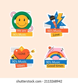 90s years badge elements. Back to 90. Patch, sticker design collection. Trendy cartoon pop bundle 90s years. 90s fashion icon set. Oldschool disco sketchy print. 90s symbol tattoo. Vector illustration