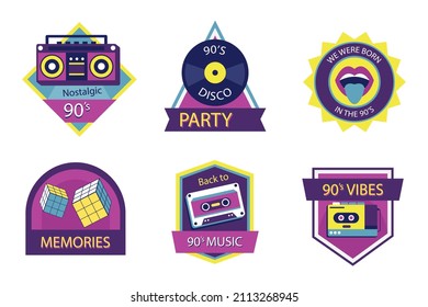 90s years badge elements. Back to 90. Patch, sticker design collection. Trendy cartoon pop bundle 90s years. 90s fashion icon set. Oldschool disco sketchy print. 90s symbol tattoo. Vector illustration