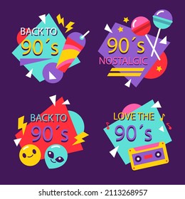 90s years badge elements. Back to 90. Patch, sticker design collection. Trendy cartoon pop bundle 90s years. 90s fashion icon set. Oldschool disco sketchy print. 90s symbol tattoo. Vector illustration