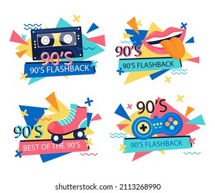 90s years badge elements. Back to 90. Patch, sticker design collection. Trendy cartoon pop bundle 90s years. 90s fashion icon set. Oldschool disco sketchy print. 90s symbol tattoo. Vector illustration