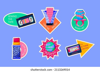 90s years badge elements. Back to 90. Patch, sticker design collection. Trendy cartoon pop bundle 90s years. 90s fashion icon set. Oldschool disco sketchy print. 90s symbol tattoo. Vector illustration