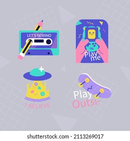 90s years badge elements. Back to 90. Patch, sticker design collection. Trendy cartoon pop bundle 90s years. 90s fashion icon set. Oldschool disco sketchy print. 90s symbol tattoo. Vector illustration