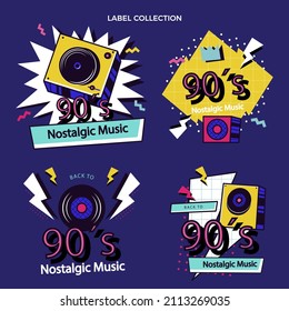 90s years badge elements. Back to 90. Patch, sticker design collection. Trendy cartoon pop bundle 90s years. 90s fashion icon set. Oldschool disco sketchy print. 90s symbol tattoo. Vector illustration