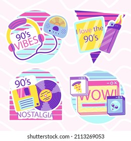 90s years badge elements. Back to 90. Patch, sticker design collection. Trendy cartoon pop bundle 90s years. 90s fashion icon set. Oldschool disco sketchy print. 90s symbol tattoo. Vector illustration