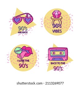 90s years badge elements. Back to 90. Patch, sticker design collection. Trendy cartoon pop bundle 90s years. 90s fashion icon set. Oldschool disco sketchy print. 90s symbol tattoo. Vector illustration