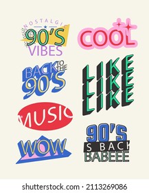 90s years badge elements. Back to 90. Patch, sticker design collection. Trendy cartoon pop bundle 90s years. 90s fashion icon set. Oldschool disco sketchy print. 90s symbol tattoo. Vector illustration