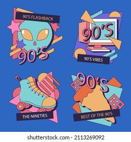 90s years badge elements. Back to 90. Patch, sticker design collection. Trendy cartoon pop bundle 90s years. 90s fashion icon set. Oldschool disco sketchy print. 90s symbol tattoo. Vector illustration