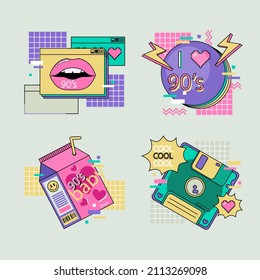 90s years badge elements. Back to 90. Patch, sticker design collection. Trendy cartoon pop bundle 90s years. 90s fashion icon set. Oldschool disco sketchy print. 90s symbol tattoo. Vector illustration