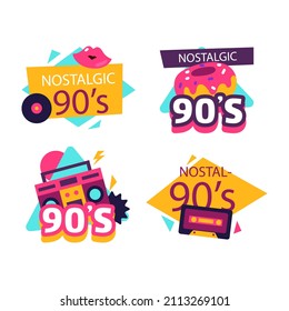 90s years badge elements. Back to 90. Patch, sticker design collection. Trendy cartoon pop bundle 90s years. 90s fashion icon set. Oldschool disco sketchy print. 90s symbol tattoo. Vector illustration