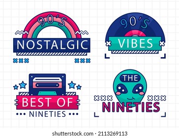 90s years badge elements. Back to 90. Patch, sticker design collection. Trendy cartoon pop bundle 90s years. 90s fashion icon set. Oldschool disco sketchy print. 90s symbol tattoo. Vector illustration