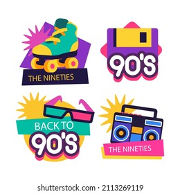 90s years badge elements. Back to 90. Patch, sticker design collection. Trendy cartoon pop bundle 90s years. 90s fashion icon set. Oldschool disco sketchy print. 90s symbol tattoo. Vector illustration