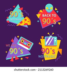 90s years badge elements. Back to 90. Patch, sticker design collection. Trendy cartoon pop bundle 90s years. 90s fashion icon set. Oldschool disco sketchy print. 90s symbol tattoo. Vector illustration