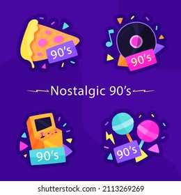 90s years badge elements. Back to 90. Patch, sticker design collection. Trendy cartoon pop bundle 90s years. 90s fashion icon set. Oldschool disco sketchy print. 90s symbol tattoo. Vector illustration