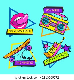 90s years badge elements. Back to 90. Patch, sticker design collection. Trendy cartoon pop bundle 90s years. 90s fashion icon set. Oldschool disco sketchy print. 90s symbol tattoo. Vector illustration