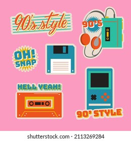 90s years badge elements. Back to 90. Patch, sticker design collection. Trendy cartoon pop bundle 90s years. 90s fashion icon set. Oldschool disco sketchy print. 90s symbol tattoo. Vector illustration