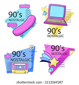 90s years badge elements. Back to 90. Patch, sticker design collection. Trendy cartoon pop bundle 90s years. 90s fashion icon set. Oldschool disco sketchy print. 90s symbol tattoo. Vector illustration